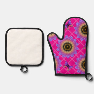 Ensemble De Gant De Cuisine Et De Manique Motif Tournesol et Papillon en Velours Violet