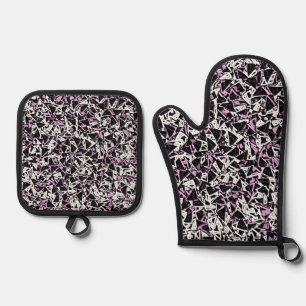 Ensemble De Gant De Cuisine Et De Manique Motif Triangle Noir Violet