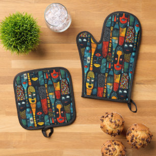 Ensemble De Gant De Cuisine Et De Manique Motif tribal africain avec idoles.
