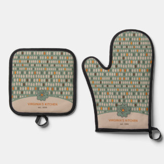 Ensemble De Gant De Cuisine Et De Manique Motif Vert Retro Ovals Personnalisé