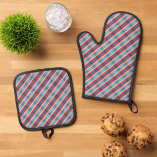 Ensemble De Gant De Cuisine Et De Manique Motif vibrant de rayures diagonales rouges, bleues