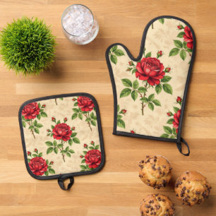 Ensemble De Gant De Cuisine Et De Manique Motif vintage de rose rouge