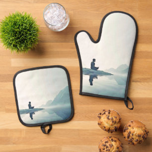 Ensemble De Gant De Cuisine Et De Manique Mountain Zen Conception pacifique de méditation