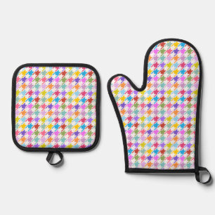 Ensemble De Gant De Cuisine Et De Manique Multicolor Houndstooth+Motif blanc