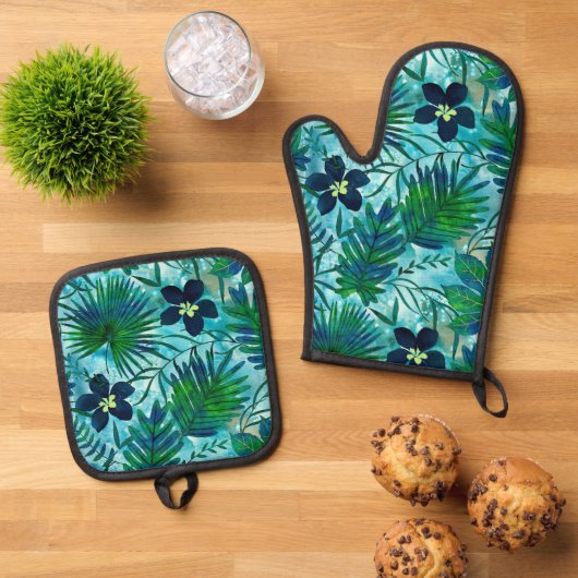 Ensemble De Gant De Cuisine Et De Manique Nalani Hawaiian Tropical Garden Turquoise Green (De haut en bas)