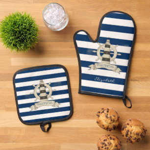 Ensemble De Gant De Cuisine Et De Manique Nautique,Roue de Bateau,Rayes Bleues et Blanches