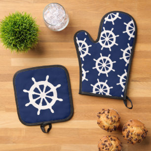 Ensemble De Gant De Cuisine Et De Manique Navires Roue Galerie Cuisine Bleu et Blanc marins