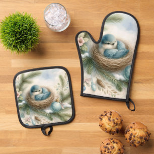 Ensemble De Gant De Cuisine Et De Manique Nid d'oiseau bleu avec des ornements dans les pins