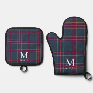 Ensemble De Gant De Cuisine Et De Manique Noël à carreaux tartan classique navy et rouge
