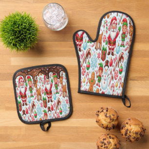 Ensemble De Gant De Cuisine Et De Manique Noël Candy Cane Rétro Vintage Wonderland Rouge