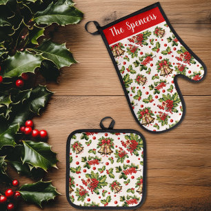 Ensemble De Gant De Cuisine Et De Manique Noël Holly Feuilles, baies et cloches