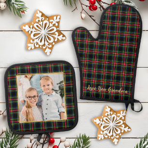 Ensemble De Gant De Cuisine Et De Manique Noël Plaid Custom Gold Photo Grand-mère famille