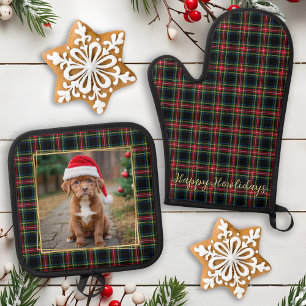 Ensemble De Gant De Cuisine Et De Manique Noël Plaid Custom Gold Photo Pet Chien Famille