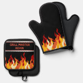 Ensemble De Gant De Cuisine Et De Manique Noir avec Flames Grill Master (Recto/Verso)