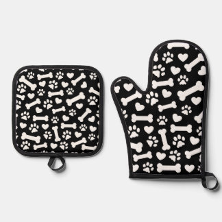 Ensemble De Gant De Cuisine Et De Manique Noir et blanc Paw, Coeur, Conception d'os