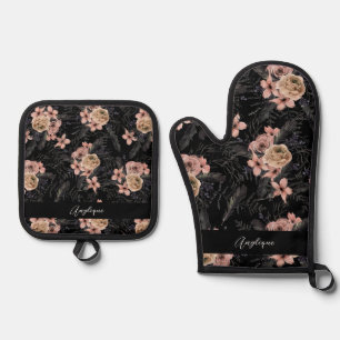 Ensemble De Gant De Cuisine Et De Manique Noir et rose Éffrayant Nom d'Halloween