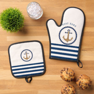 Ensemble De Gant De Cuisine Et De Manique Nom de bateau nautique, rayures bleu marine ancre