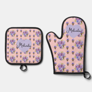Ensemble De Gant De Cuisine Et De Manique Nom de femme Viola pastel rose fleur violet