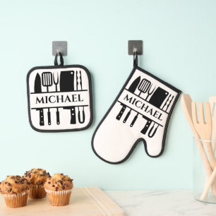 Ensemble De Gant De Cuisine Et De Manique Nom du monogramme Barbecue Chef Cuisinier Grillade