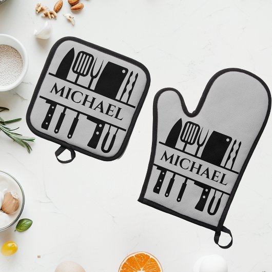 Ensemble De Gant De Cuisine Et De Manique Nom du monogramme Barbecue Chef Cuisinier Grillade