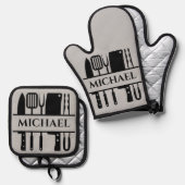 Ensemble De Gant De Cuisine Et De Manique Nom du monogramme Barbecue Chef Cuisinier Grillade (Recto/Verso)