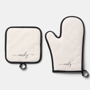 Ensemble De Gant De Cuisine Et De Manique Nom du monogramme blanc noir moderne