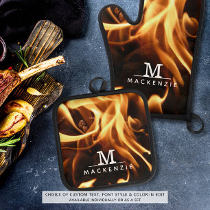 Ensemble De Gant De Cuisine Et De Manique Nom du monogramme Flammes d'incendie
