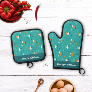 Ensemble De Gant De Cuisine Et De Manique Nom du Motif Turquoise Retro Vintage Atomic Starbu