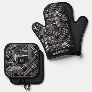 Ensemble De Gant De Cuisine Et De Manique Nom personnalisé et Motif industriel Monogramme