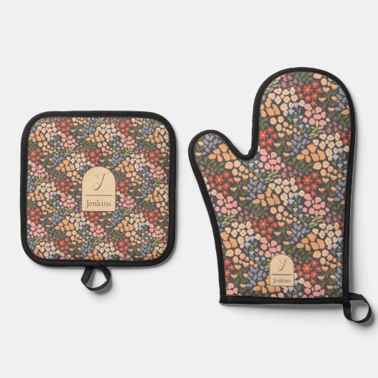 Ensemble De Gant De Cuisine Et De Manique Nom personnalisé & Fleur initiale (Recto)