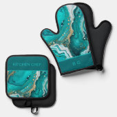 Ensemble De Gant De Cuisine Et De Manique Océan de marbre turquoise (Recto/Verso)