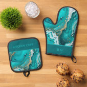 Ensemble De Gant De Cuisine Et De Manique Océan de marbre turquoise (De haut en bas)