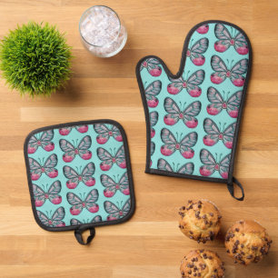 Ensemble De Gant De Cuisine Et De Manique Octobre Turquoise Verre Papillon Motif Design