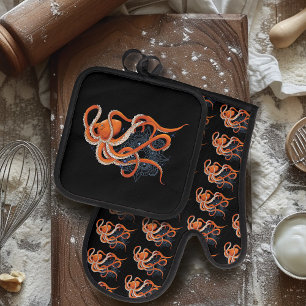 Ensemble De Gant De Cuisine Et De Manique Octopus Orange Mandalla Bleu