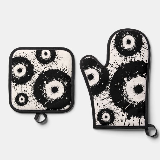 Ensemble De Gant De Cuisine Et De Manique Oeil mal noir et blanc (Recto)