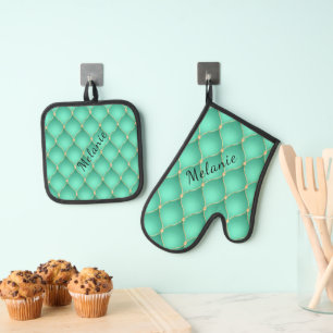 Ensemble De Gant De Cuisine Et De Manique Ogee Gold Diamond Tufted Turquoise Personnalisé Vo