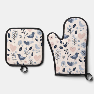 Ensemble De Gant De Cuisine Et De Manique Oiseaux lunaires scandinaves