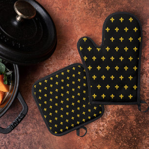 Ensemble De Gant De Cuisine Et De Manique Or Fleur de Lis Noir