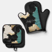 Ensemble De Gant De Cuisine Et De Manique Or Turquoise, Blanc Noir (Recto/Verso)