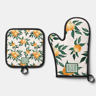 Ensemble De Gant De Cuisine Et De Manique Orange Citrus Watercolor Monogram Name