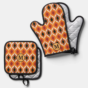 Ensemble De Gant De Cuisine Et De Manique Orange Rouge or Abstrait flamme Motif Monogramme