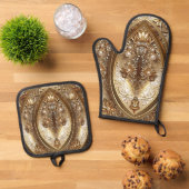 Ensemble De Gant De Cuisine Et De Manique Orné Doré (De haut en bas)