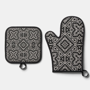 Ensemble De Gant De Cuisine Et De Manique ornement ethnique motif géométrique noir et blanc