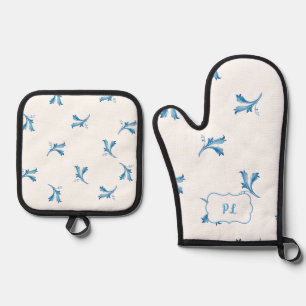 Ensemble De Gant De Cuisine Et De Manique Ornements de feuilles en carreaux bleus minimalist