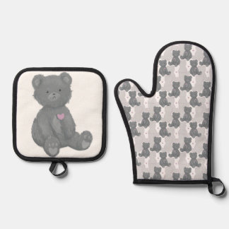 Ensemble De Gant De Cuisine Et De Manique Ours en peluche gris motif, coeur rose, silhouette