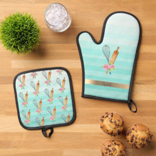 Ensemble De Gant De Cuisine Et De Manique Outils de boulangerie floraux bandes vertes menthe
