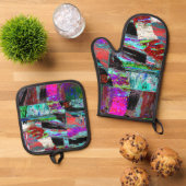 Ensemble De Gant De Cuisine Et De Manique Oven Mitt & Pot Holders – Neon Pulse (De haut en bas)