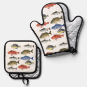 Ensemble De Gant De Cuisine Et De Manique Painted Fish (Recto/Verso)