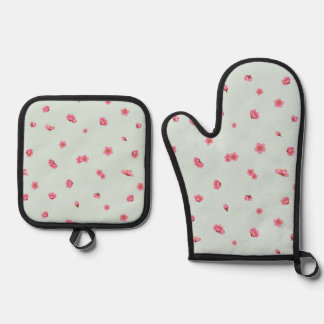 Ensemble De Gant De Cuisine Et De Manique Pale Mint Japanese Red Plum Blossom Floral Pattern