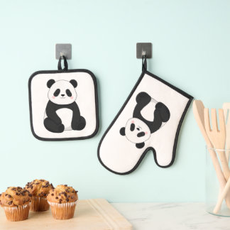 Ensemble De Gant De Cuisine Et De Manique Panda noir et blanc Kawaii